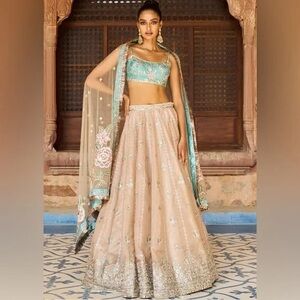 Golden Beige and Dusty Teal Embroidered Lehenga